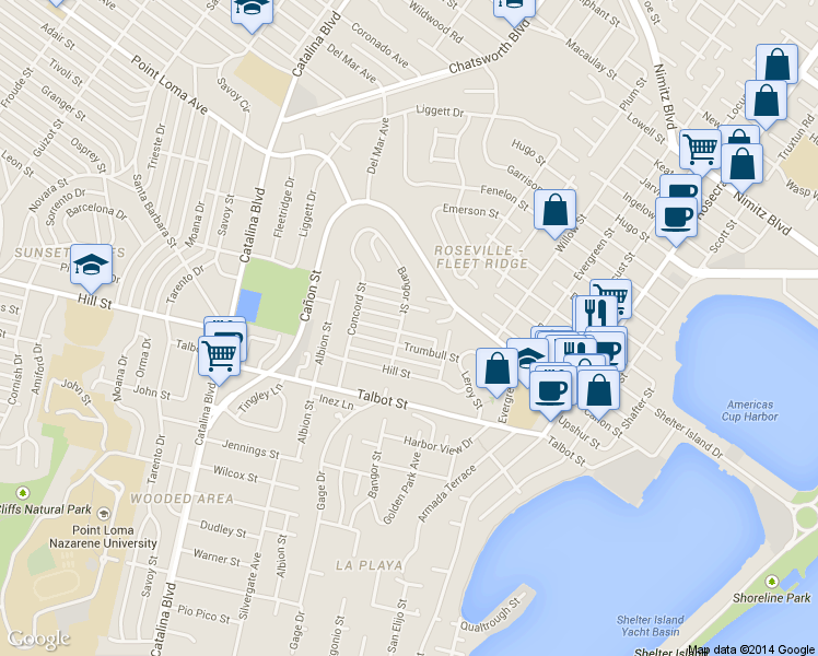 map of restaurants, bars, coffee shops, grocery stores, and more near 1130 Bangor Street in San Diego