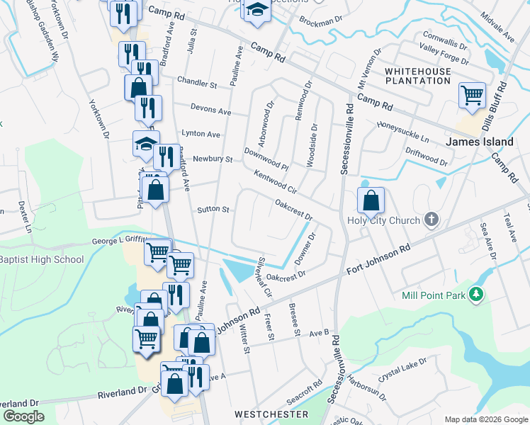map of restaurants, bars, coffee shops, grocery stores, and more near 1142 Rivercrest Drive in Charleston