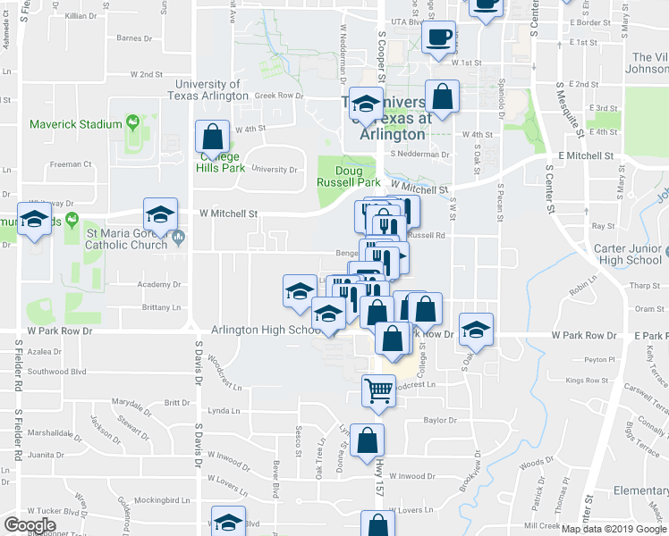 map of restaurants, bars, coffee shops, grocery stores, and more near 806 Benge Drive in Arlington