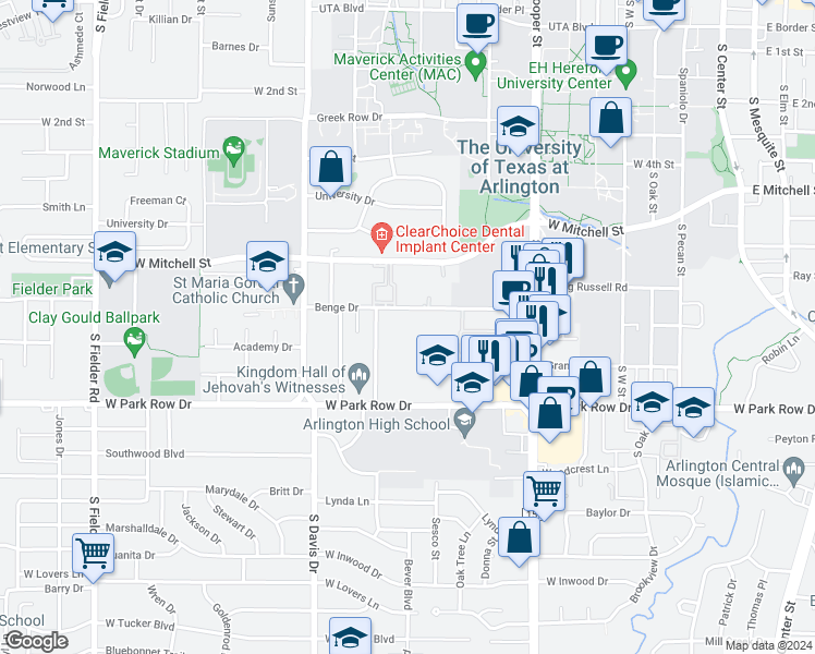 map of restaurants, bars, coffee shops, grocery stores, and more near 930 Benge Drive in Arlington