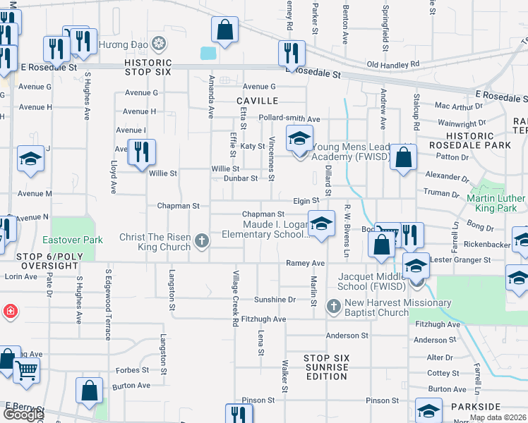 map of restaurants, bars, coffee shops, grocery stores, and more near 5002 Elgin Street in Fort Worth