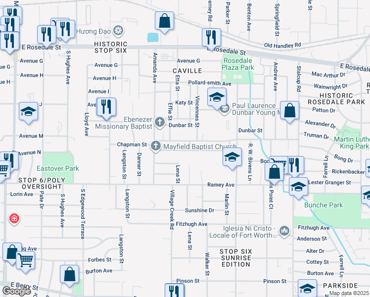 map of restaurants, bars, coffee shops, grocery stores, and more near 4918 Elgin Street in Fort Worth