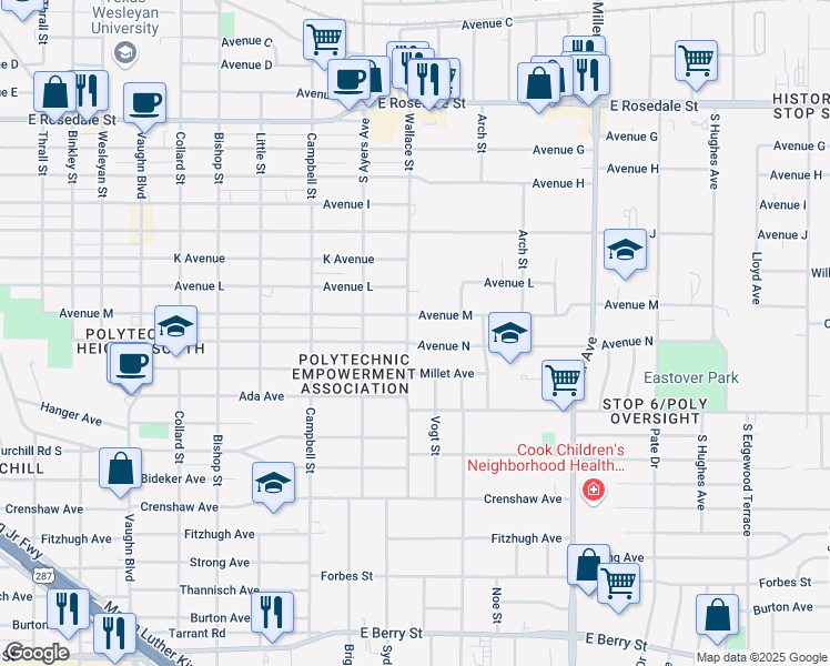 map of restaurants, bars, coffee shops, grocery stores, and more near 3804 Avenue M in Fort Worth