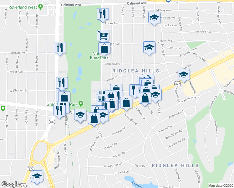 map of restaurants, bars, coffee shops, grocery stores, and more near 6709 West Elizabeth Lane in Fort Worth