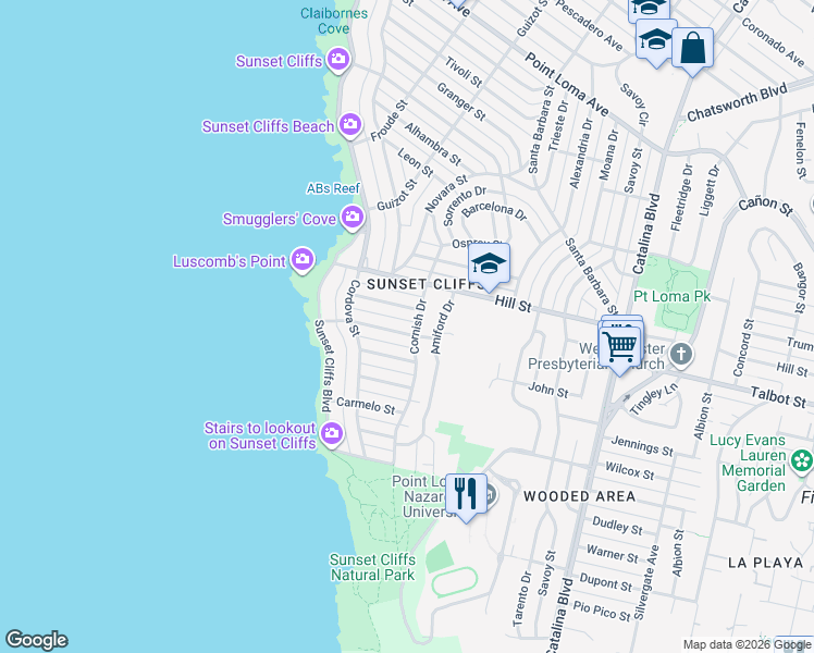 map of restaurants, bars, coffee shops, grocery stores, and more near 4414 Monaco Street in San Diego