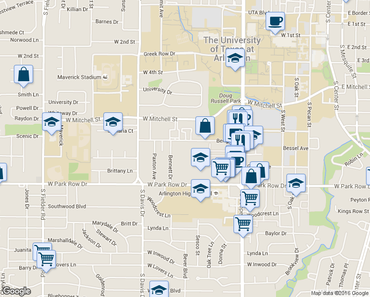 map of restaurants, bars, coffee shops, grocery stores, and more near 930 Benge Drive in Arlington