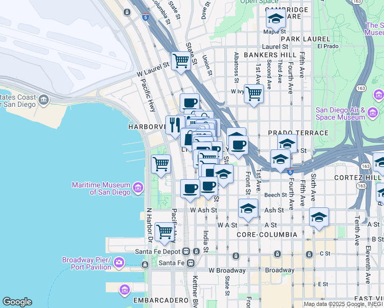 map of restaurants, bars, coffee shops, grocery stores, and more near 1774 Kettner Boulevard in San Diego