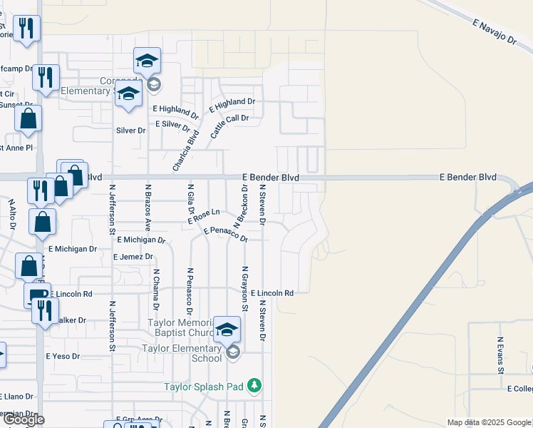 map of restaurants, bars, coffee shops, grocery stores, and more near 2106 North Steven Drive in Hobbs