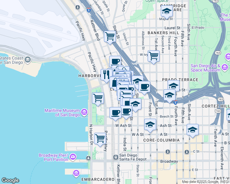 map of restaurants, bars, coffee shops, grocery stores, and more near 1780 Kettner Boulevard in San Diego