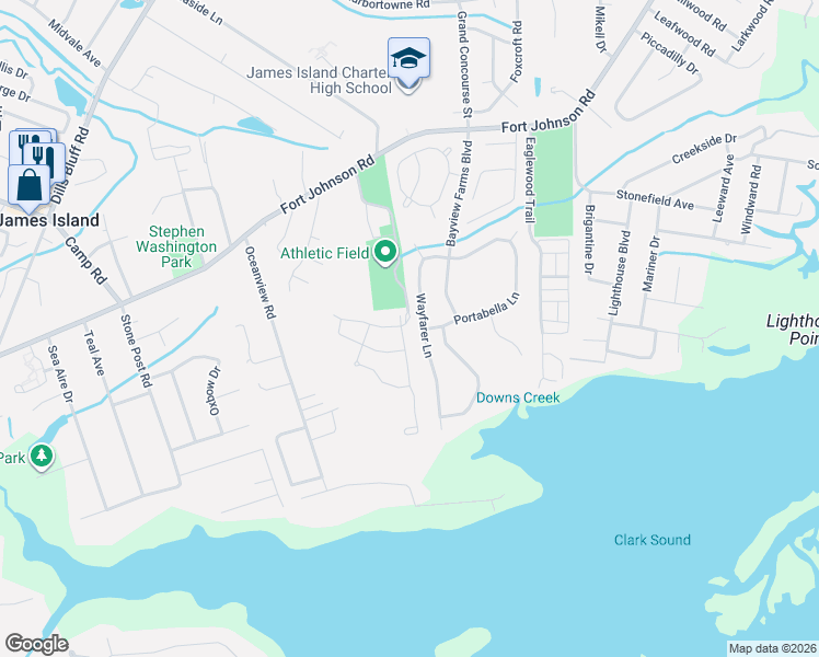 map of restaurants, bars, coffee shops, grocery stores, and more near 1060 Wayfarer Lane in Charleston