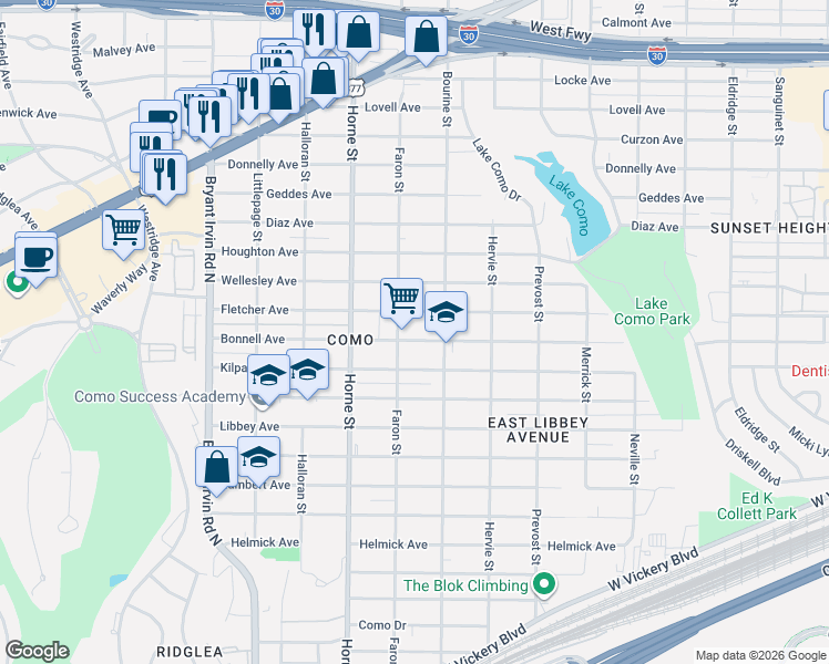map of restaurants, bars, coffee shops, grocery stores, and more near 5522 Bonnell Avenue in Fort Worth