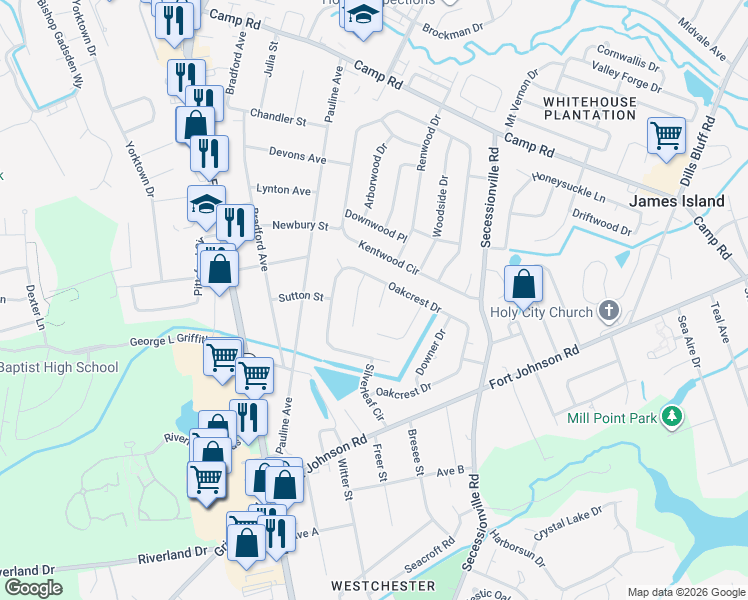 map of restaurants, bars, coffee shops, grocery stores, and more near 1142 Rivercrest Drive in Charleston