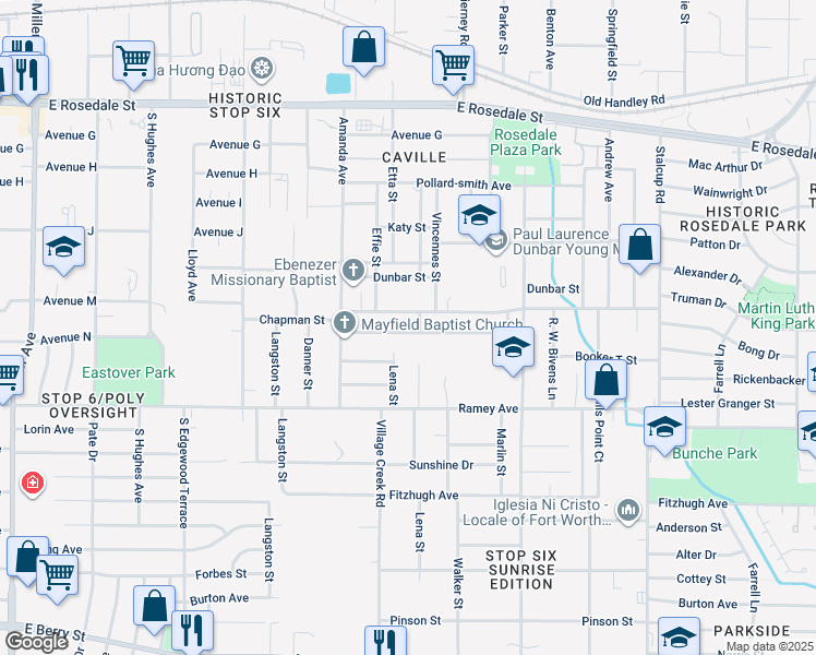 map of restaurants, bars, coffee shops, grocery stores, and more near 4918 Elgin Street in Fort Worth
