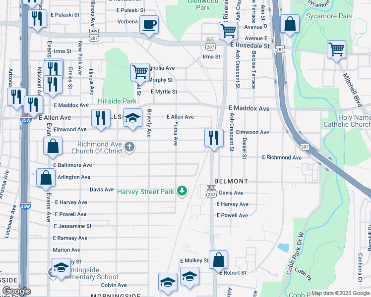 map of restaurants, bars, coffee shops, grocery stores, and more near 1417 East Richmond Avenue in Fort Worth