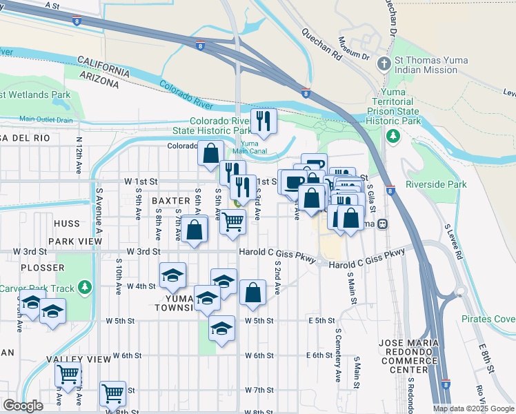 map of restaurants, bars, coffee shops, grocery stores, and more near 145 South 3rd Avenue in Yuma