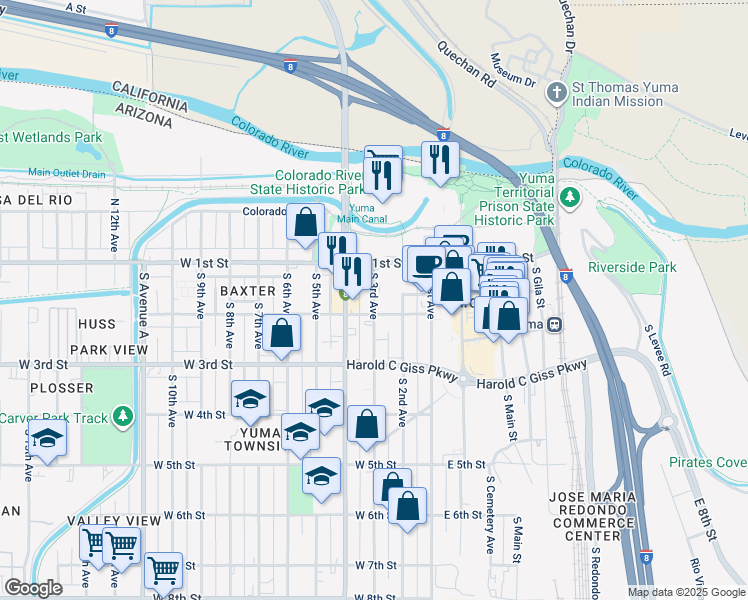 map of restaurants, bars, coffee shops, grocery stores, and more near 145 South 3rd Avenue in Yuma