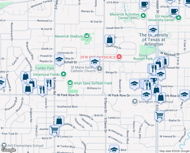map of restaurants, bars, coffee shops, grocery stores, and more near 1213 Academy Place in Arlington