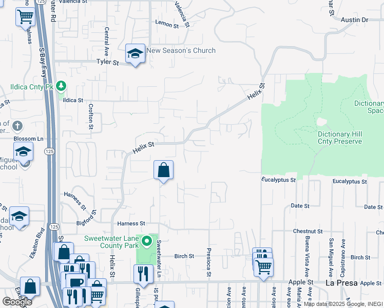 map of restaurants, bars, coffee shops, grocery stores, and more near 9135 Oso Road in Spring Valley