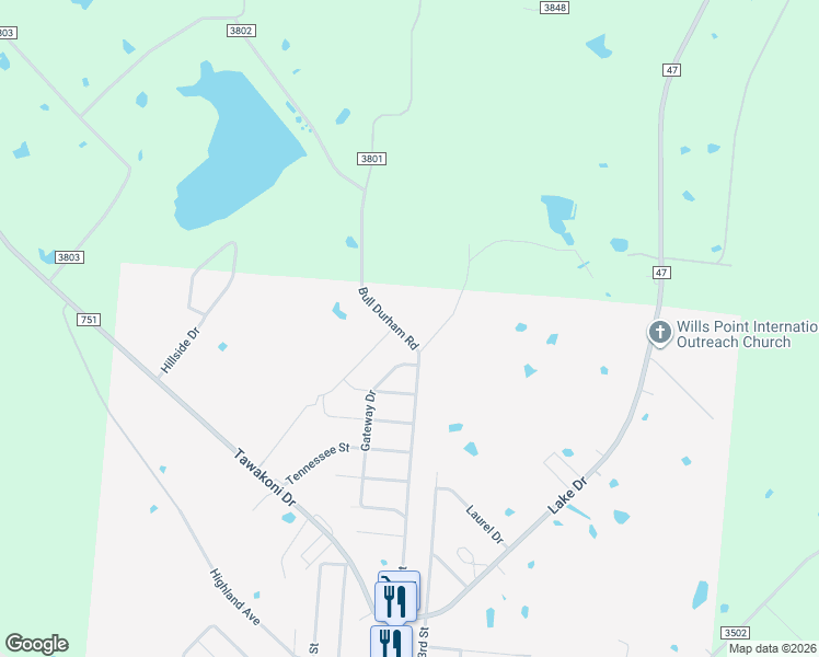 map of restaurants, bars, coffee shops, grocery stores, and more near 200 Bull Durham Road in Wills Point
