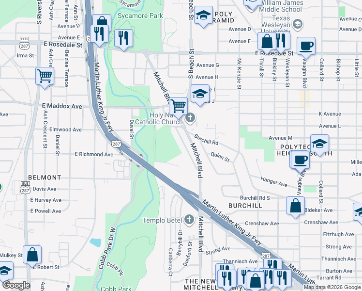 map of restaurants, bars, coffee shops, grocery stores, and more near 2112 Mitchell Boulevard in Fort Worth