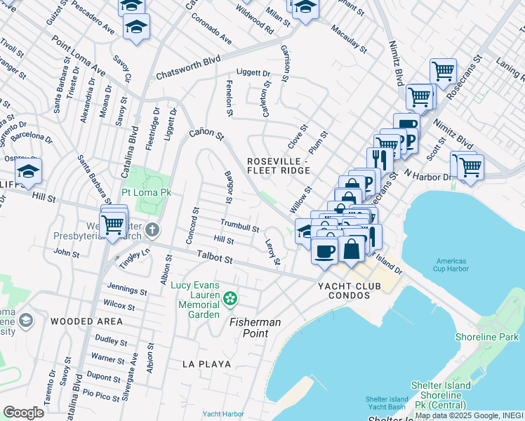 map of restaurants, bars, coffee shops, grocery stores, and more near 1161 Akron Street in San Diego