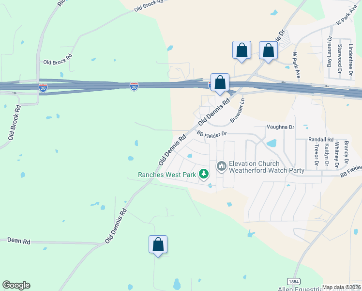 map of restaurants, bars, coffee shops, grocery stores, and more near 2373 Old Dennis Road in Weatherford