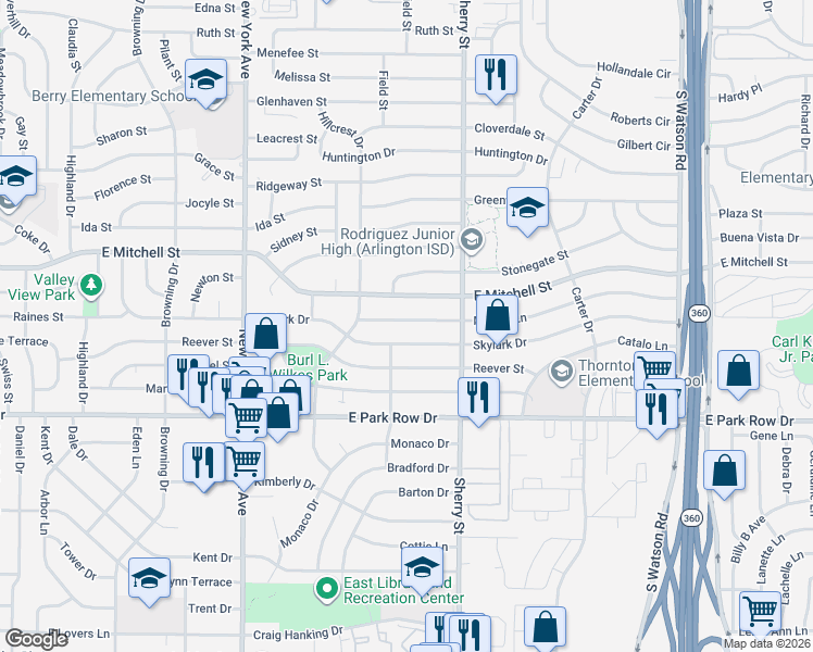 map of restaurants, bars, coffee shops, grocery stores, and more near 2114 Miriam Lane in Arlington