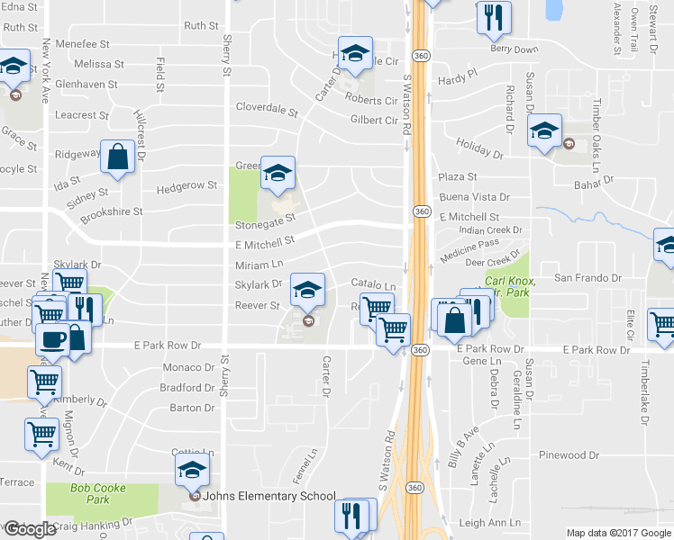 map of restaurants, bars, coffee shops, grocery stores, and more near 2400 Skylark Drive in Arlington