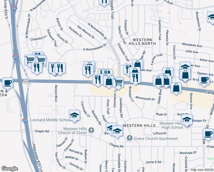map of restaurants, bars, coffee shops, grocery stores, and more near 8639-8725 Camp Bowie West Boulevard in Fort Worth
