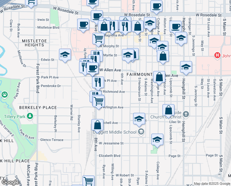 map of restaurants, bars, coffee shops, grocery stores, and more near 1901 Fairmount Avenue in Fort Worth