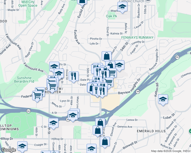 map of restaurants, bars, coffee shops, grocery stores, and more near 5051 Elm Street in San Diego