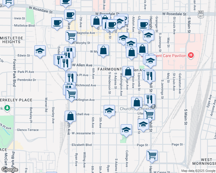 map of restaurants, bars, coffee shops, grocery stores, and more near 1900 South Henderson Street in Fort Worth
