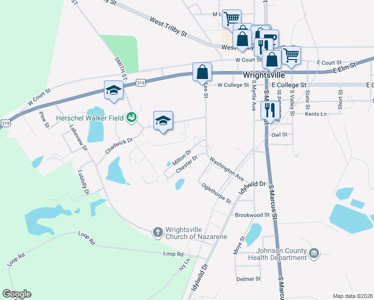 map of restaurants, bars, coffee shops, grocery stores, and more near 215 Milton Drive in Wrightsville