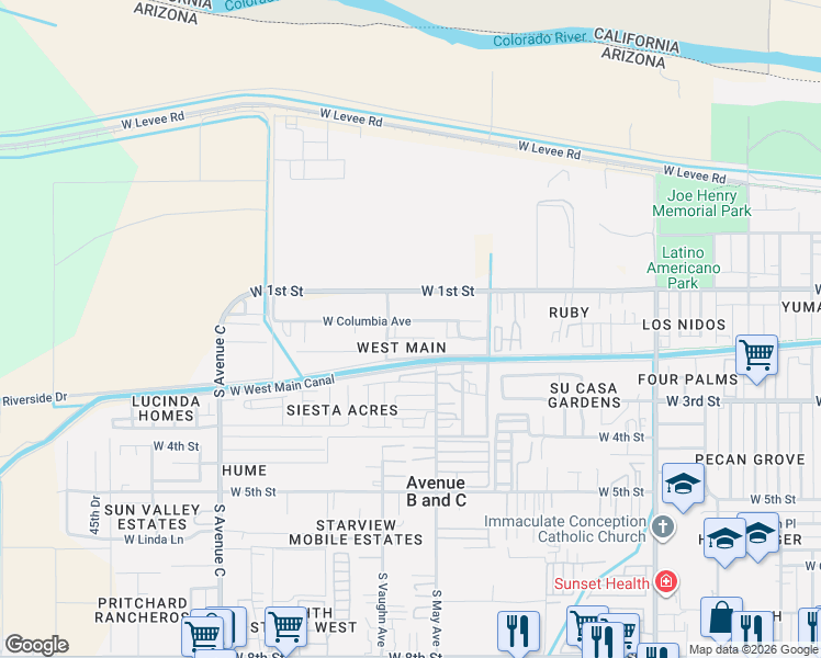 map of restaurants, bars, coffee shops, grocery stores, and more near 3071 West Columbia Avenue in Yuma