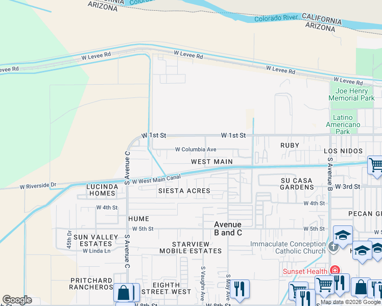 map of restaurants, bars, coffee shops, grocery stores, and more near 3201-3499 W Columbia Ave in Yuma
