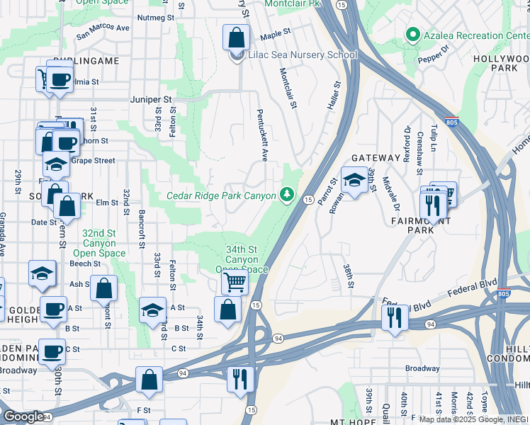 map of restaurants, bars, coffee shops, grocery stores, and more near 1777 Pentuckett Avenue in San Diego