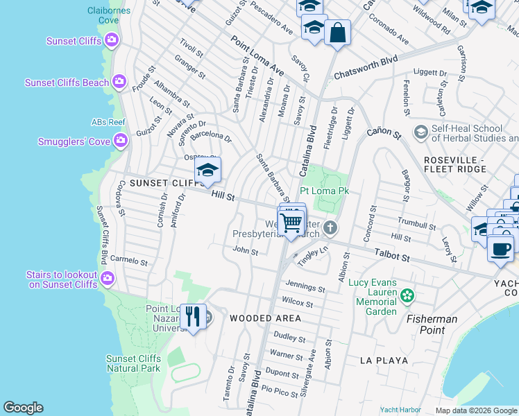 map of restaurants, bars, coffee shops, grocery stores, and more near 4171 Hill Street in San Diego