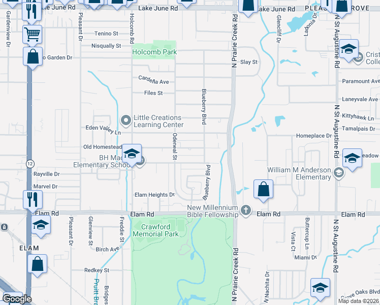 map of restaurants, bars, coffee shops, grocery stores, and more near 8732 Old Homestead Drive in Dallas