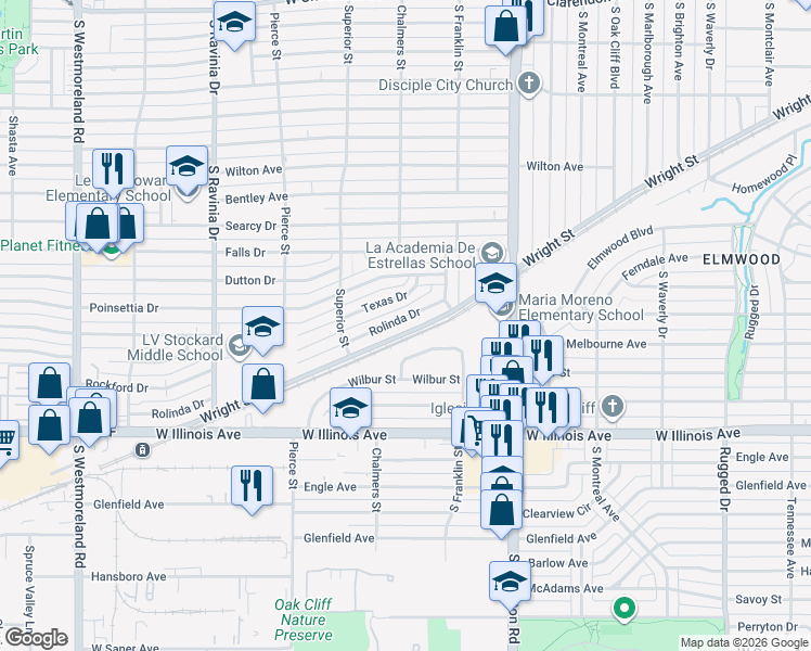 map of restaurants, bars, coffee shops, grocery stores, and more near 2530 Rolinda Drive in Dallas