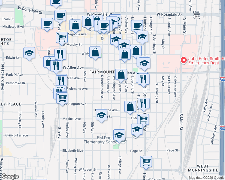 map of restaurants, bars, coffee shops, grocery stores, and more near 1819 South Adams Street in Fort Worth