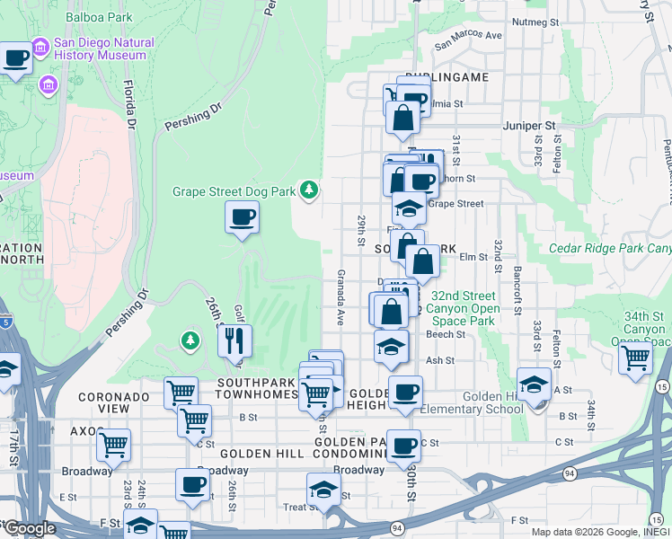 map of restaurants, bars, coffee shops, grocery stores, and more near 1728 Granada Avenue in San Diego