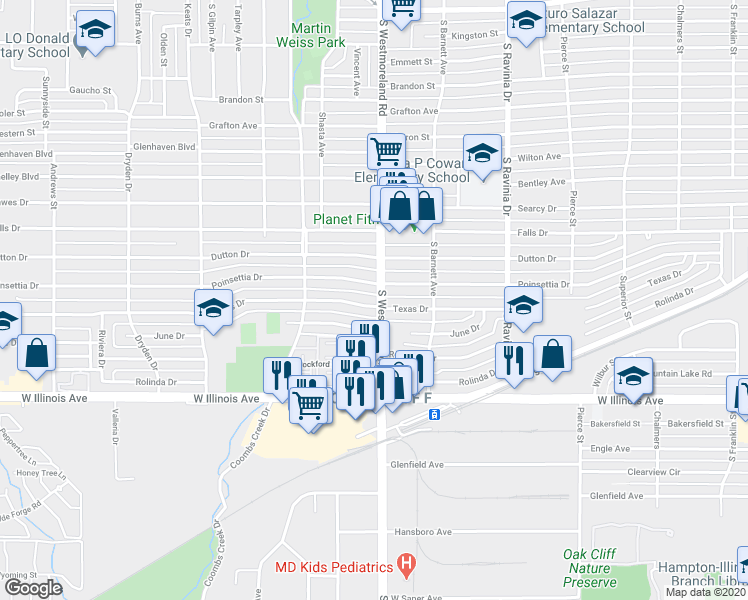 map of restaurants, bars, coffee shops, grocery stores, and more near 3303 Texas Drive in Dallas