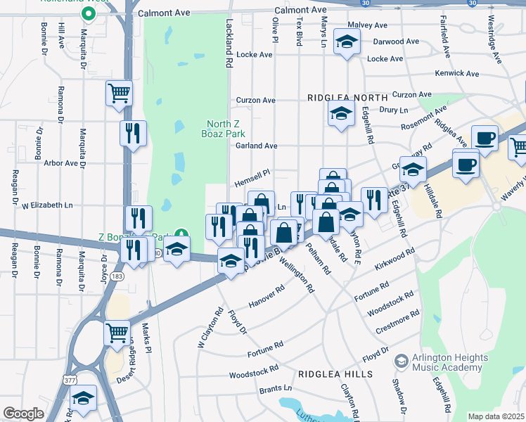 map of restaurants, bars, coffee shops, grocery stores, and more near 6709 West Elizabeth Lane in Fort Worth