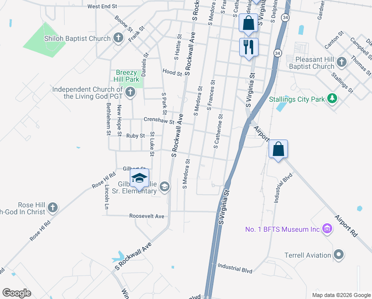 map of restaurants, bars, coffee shops, grocery stores, and more near 1120 South Medora Street in Terrell