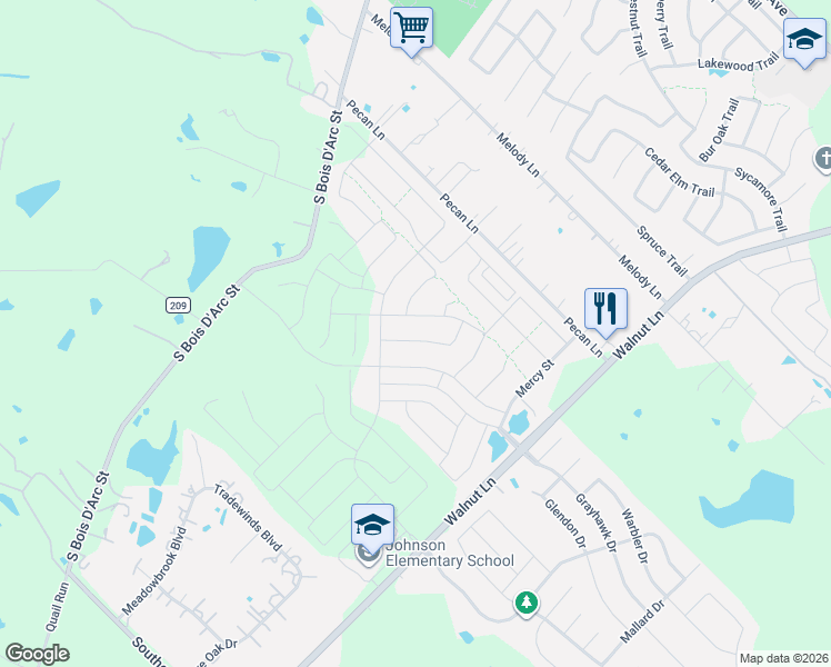 map of restaurants, bars, coffee shops, grocery stores, and more near 14499 Pecan Lane in Forney