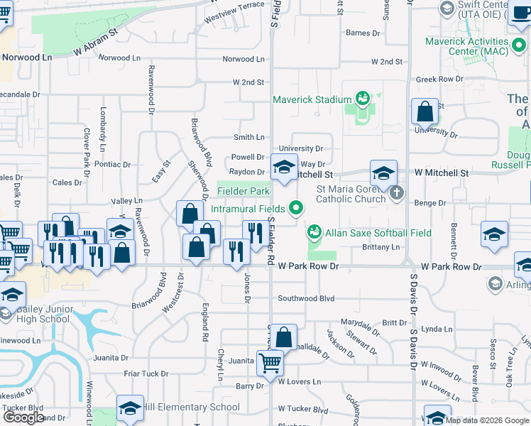 map of restaurants, bars, coffee shops, grocery stores, and more near 1220 South Fielder Road in Arlington