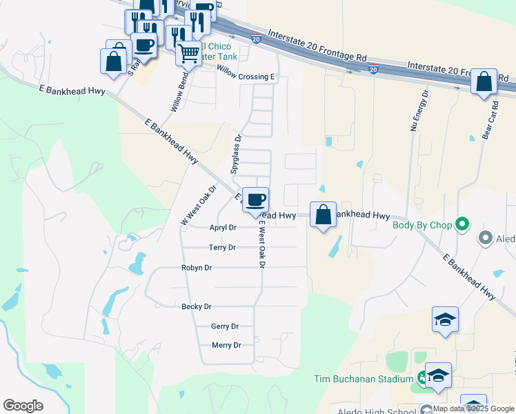 map of restaurants, bars, coffee shops, grocery stores, and more near 9450 East Bankhead Highway in Willow Park