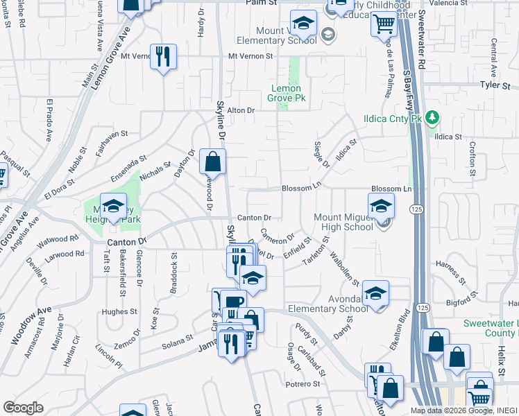 map of restaurants, bars, coffee shops, grocery stores, and more near 8053 Drexel Court in Lemon Grove