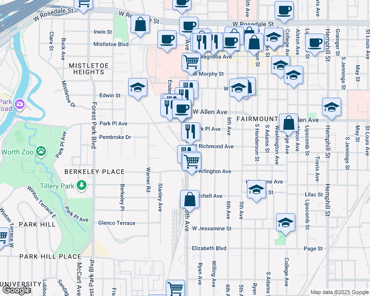 map of restaurants, bars, coffee shops, grocery stores, and more near 1900a 8th Avenue in Fort Worth
