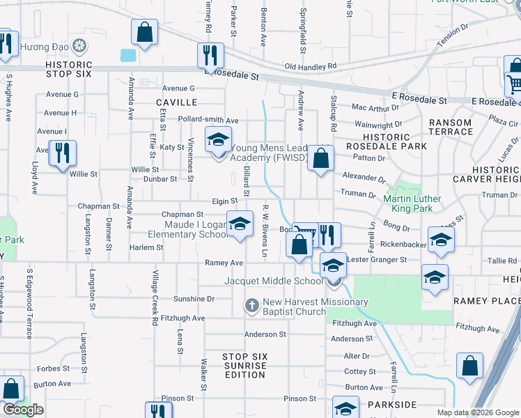 map of restaurants, bars, coffee shops, grocery stores, and more near 2112 Bethune Street in Fort Worth